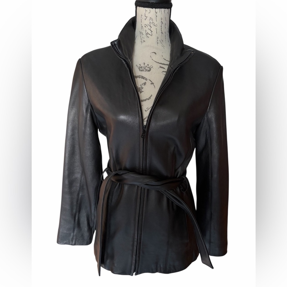 Andrew Marc Woman’s Black Leather Belted Jacket, Size Medium